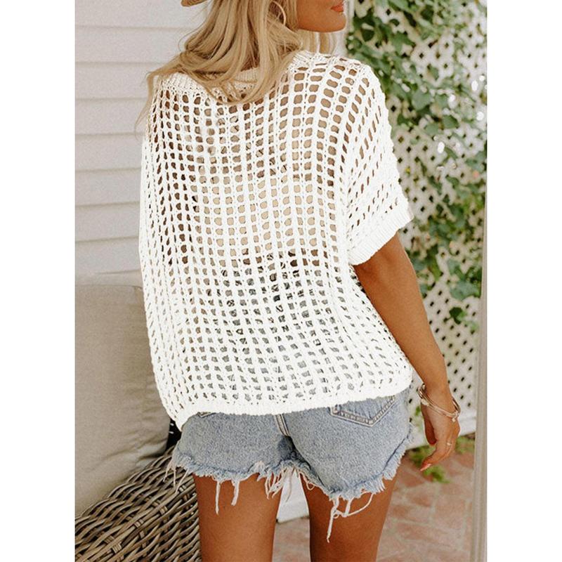 Sommergenser for kvinner med rund hals og korte ermer, uformelle heklede, uthulede strikkede topper