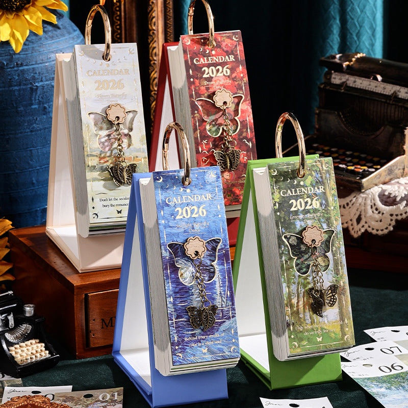 2026 Vintagekalender i europeisk stil med oljemaleri og sommerfuglanhen
