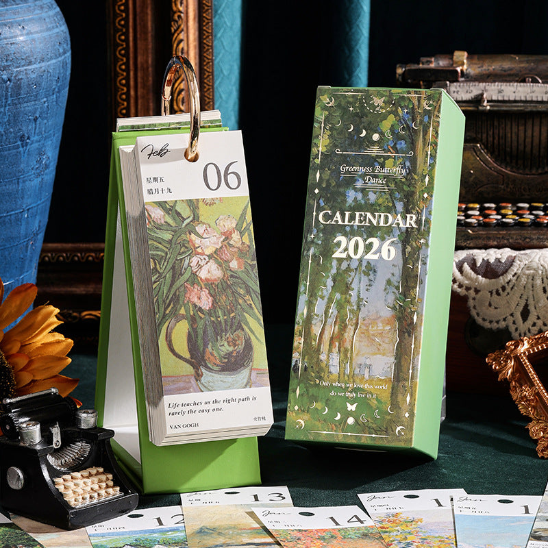 2026 Vintagekalender i europeisk stil med oljemaleri og sommerfuglanhen