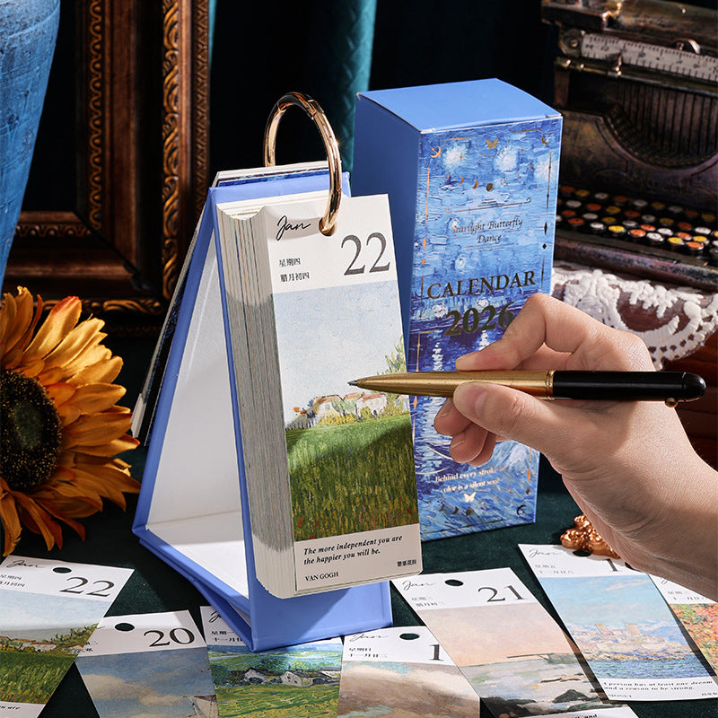 2026 Vintagekalender i europeisk stil med oljemaleri og sommerfuglanhen