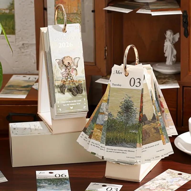 2026 Vintagekalender i europeisk stil med oljemaleri og sommerfuglanhen