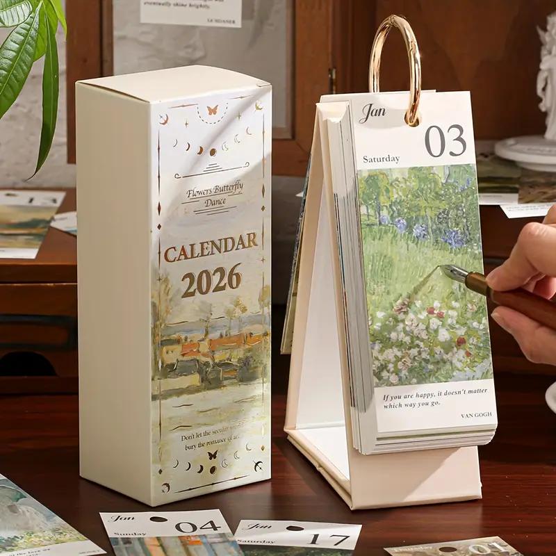 2026 Vintagekalender i europeisk stil med oljemaleri og sommerfuglanhen