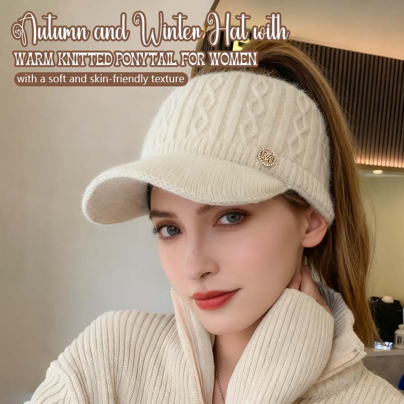 Høst- og vinterhatt med varm strikket hestehale for kvinner