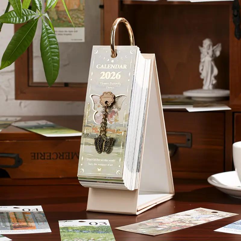 2026 Vintagekalender i europeisk stil med oljemaleri og sommerfuglanhen