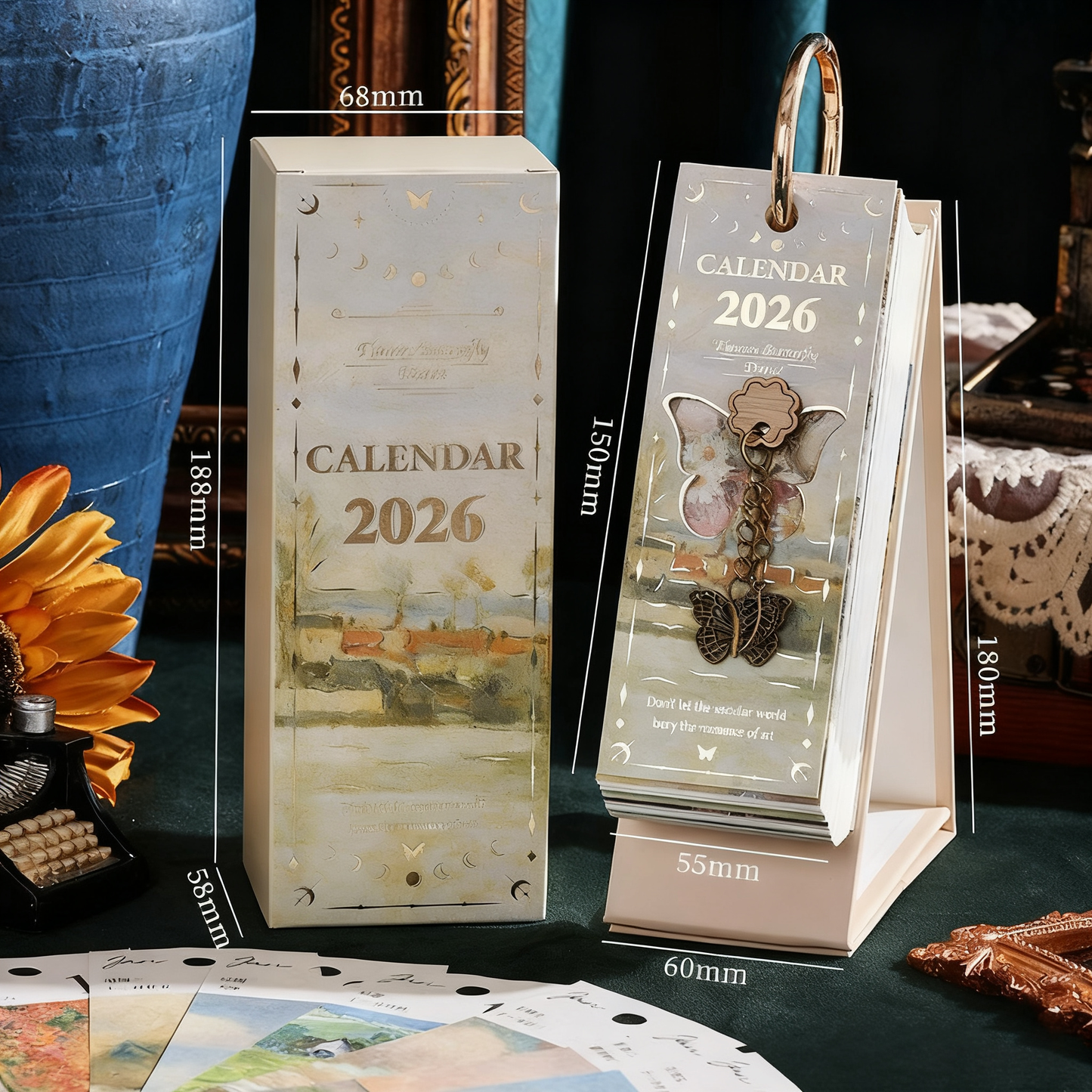 2026 Vintagekalender i europeisk stil med oljemaleri og sommerfuglanhen