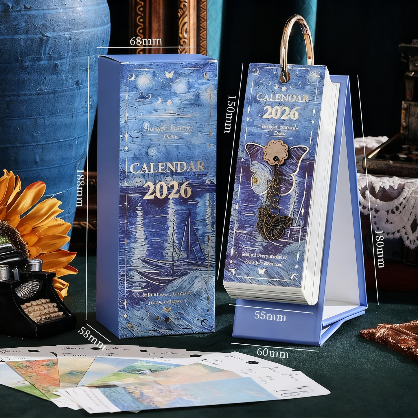 2026 Vintagekalender i europeisk stil med oljemaleri og sommerfuglanhen