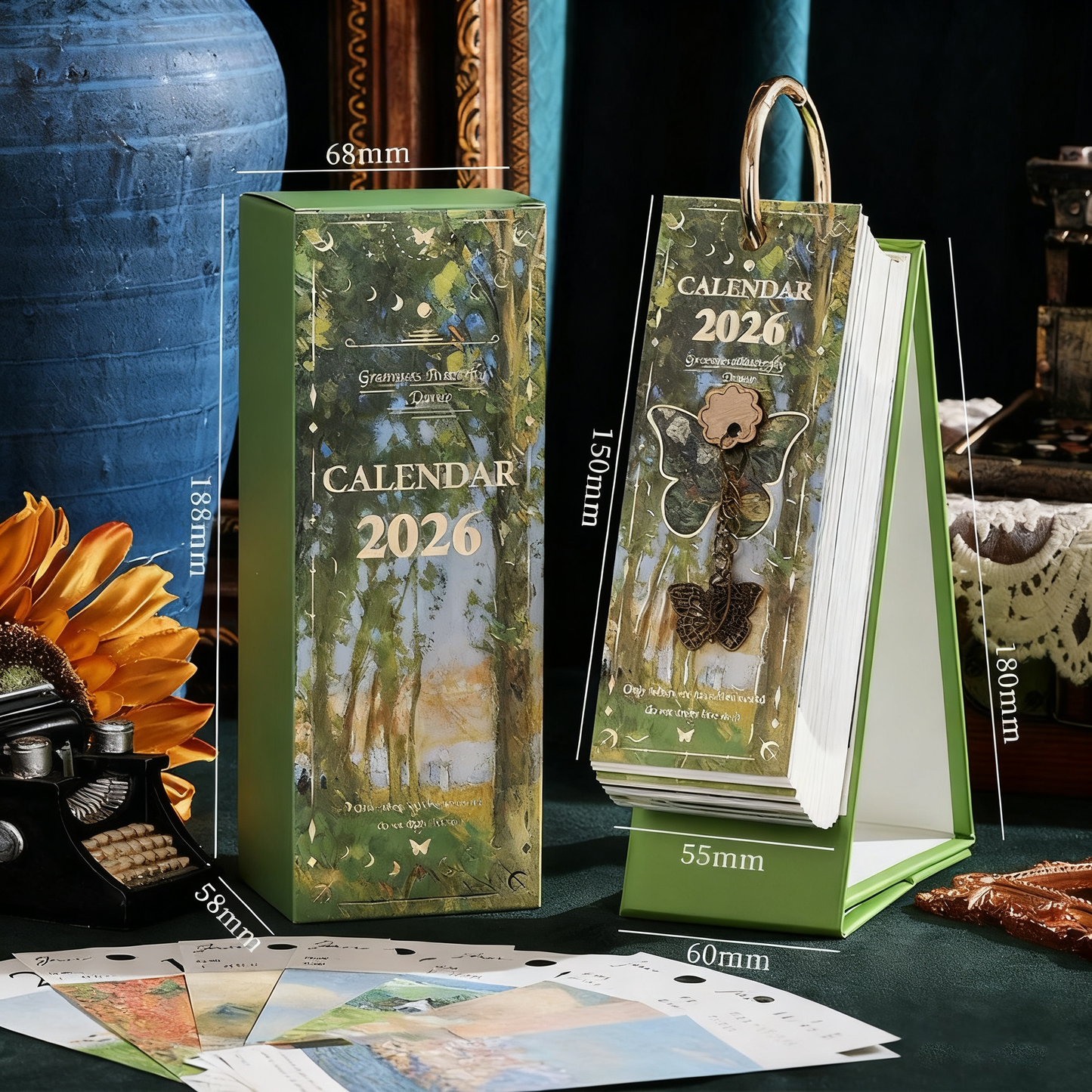 2026 Vintagekalender i europeisk stil med oljemaleri og sommerfuglanhen